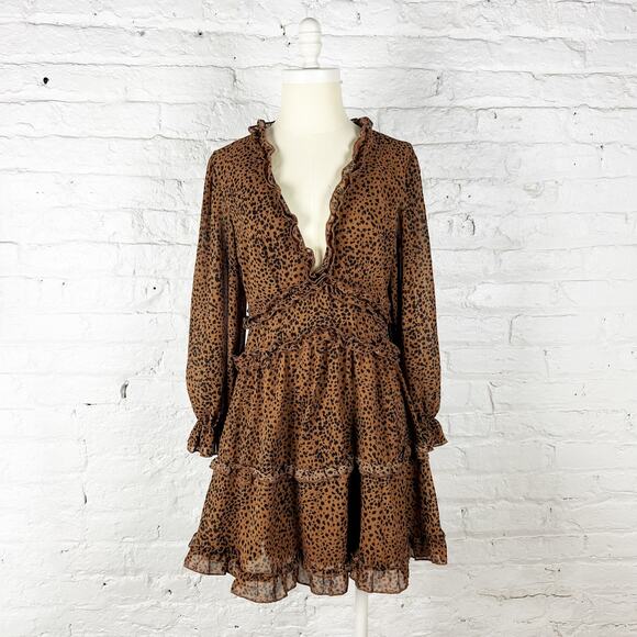 Boutique Collection Dresses & Skirts - Cheetah print dress brown black tan ruffle accents open back size small